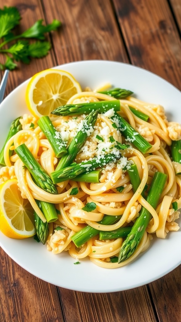 A colorful plate of asparagus orzo with lemon and parsley, garnished with Parmesan on a rustic table.